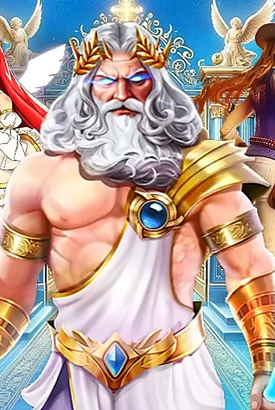 Zeus bermahkota emas dengan petir biru di depan kuil langit sky99