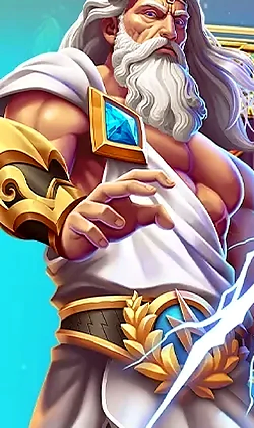 Karakter Zeus berjanggut putih dengan petir di artwork resmi sky99